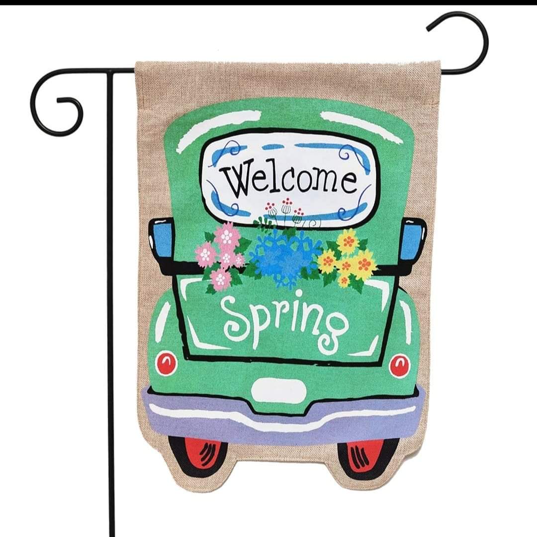 Welcome Spring Truck Burlap Garden Flag | BRAWES Bee Farm LLC